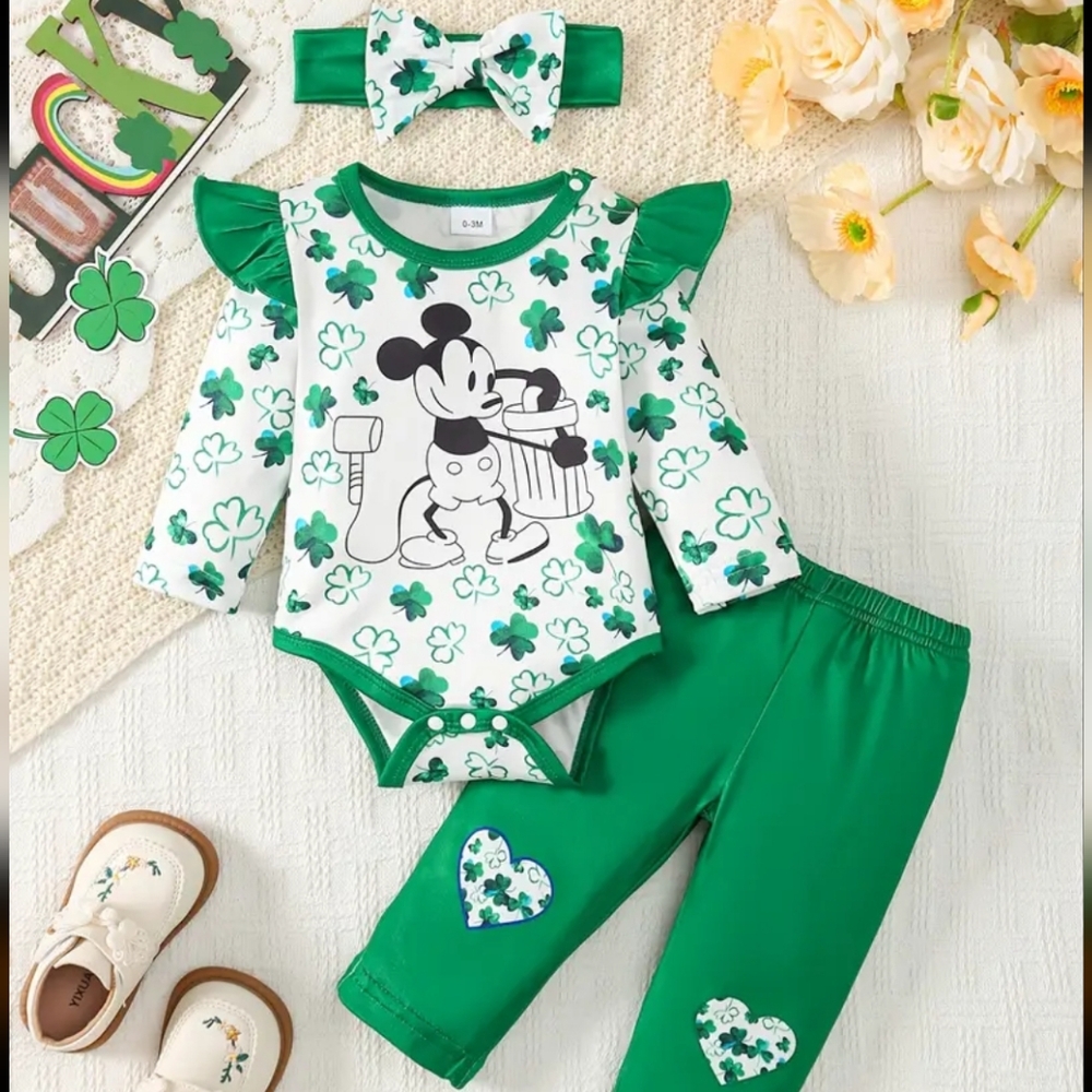 3PC Adorable Girl's St. Patrick's Day Cartoon Mouse & Shamrock Printed Set
